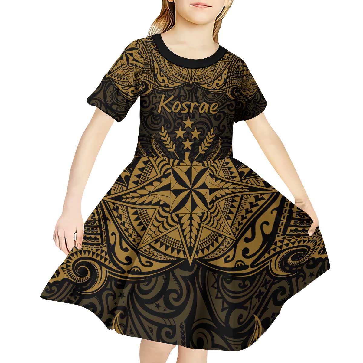 Personalised Kosrae Liberation Day Kid Short Sleeve Dress Polynesian Tattoo and Plumeria Gold Color