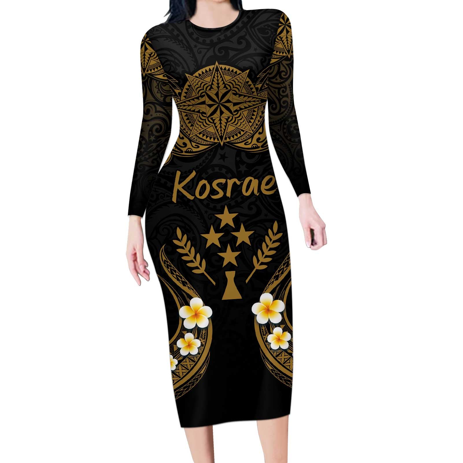 Personalised Kosrae Liberation Day Long Sleeve Bodycon Dress Polynesian Tattoo and Plumeria Gold Color