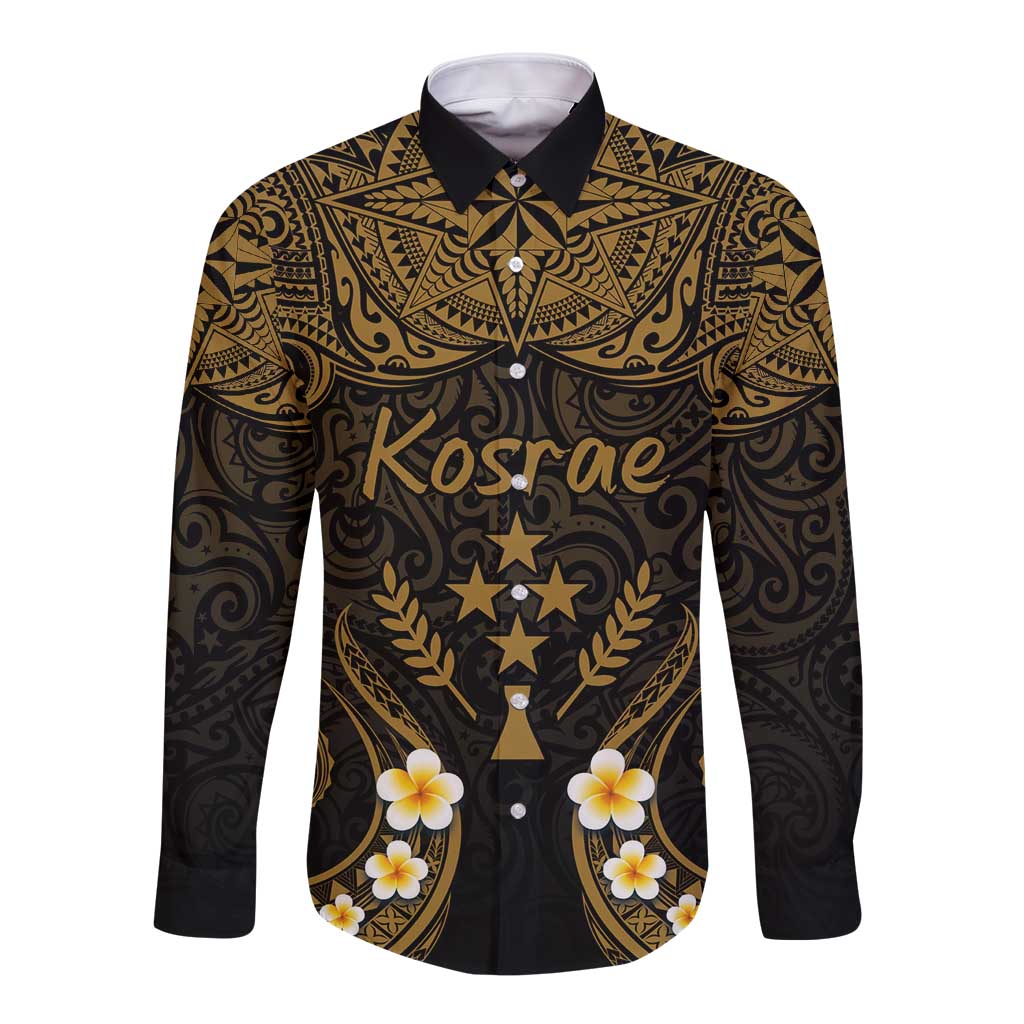 Personalised Kosrae Liberation Day Long Sleeve Button Shirt Polynesian Tattoo and Plumeria Gold Color