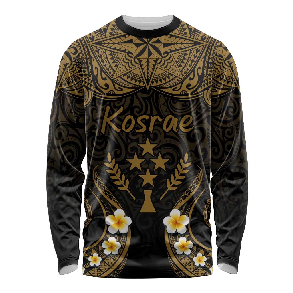 Personalised Kosrae Liberation Day Long Sleeve Shirt Polynesian Tattoo and Plumeria Gold Color