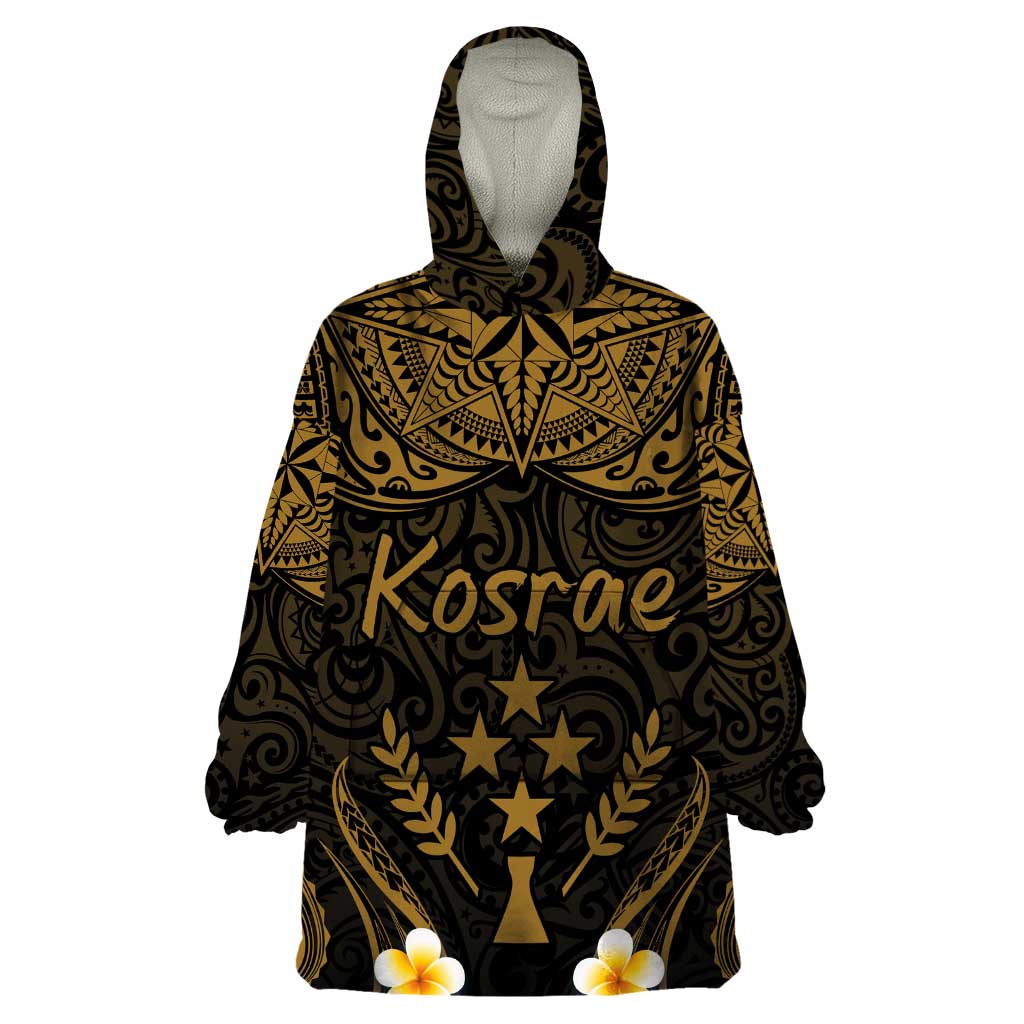 Personalised Kosrae Liberation Day Wearable Blanket Hoodie Polynesian Tattoo and Plumeria Gold Color