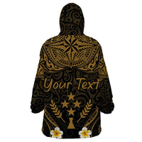 Personalised Kosrae Liberation Day Wearable Blanket Hoodie Polynesian Tattoo and Plumeria Gold Color