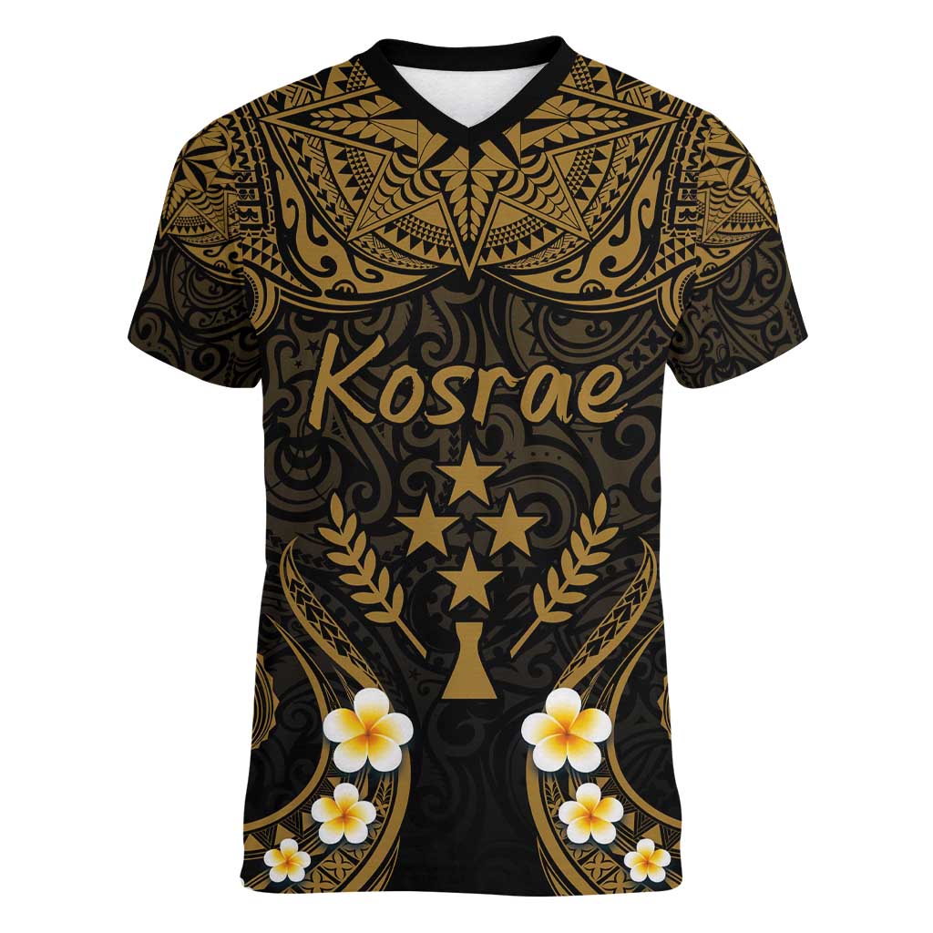 Personalised Kosrae Liberation Day Women V-Neck T-Shirt Polynesian Tattoo and Plumeria Gold Color