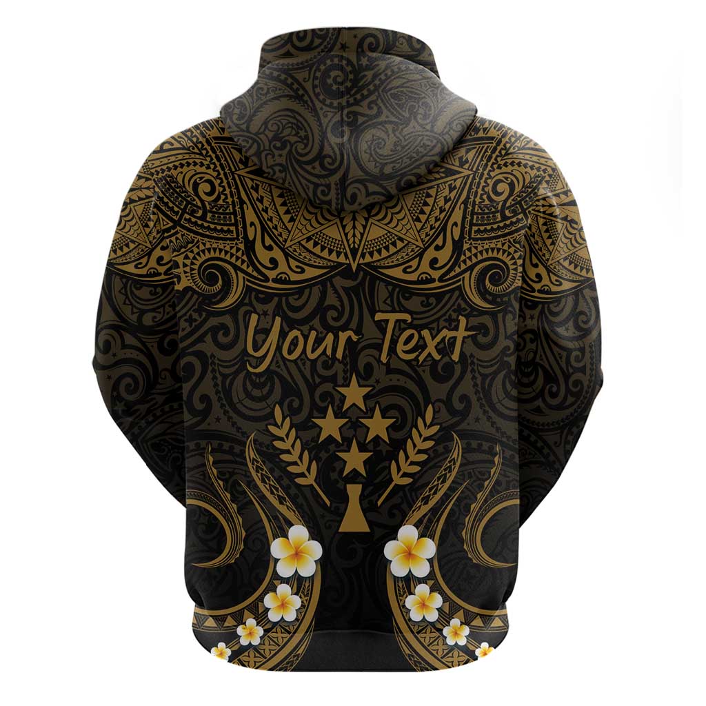 Personalised Kosrae Liberation Day Zip Hoodie Polynesian Tattoo and Plumeria Gold Color