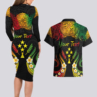 Personalised Kosrae Liberation Day Couples Matching Long Sleeve Bodycon Dress and Hawaiian Shirt Polynesian Tattoo and Plumeria Reggae Color