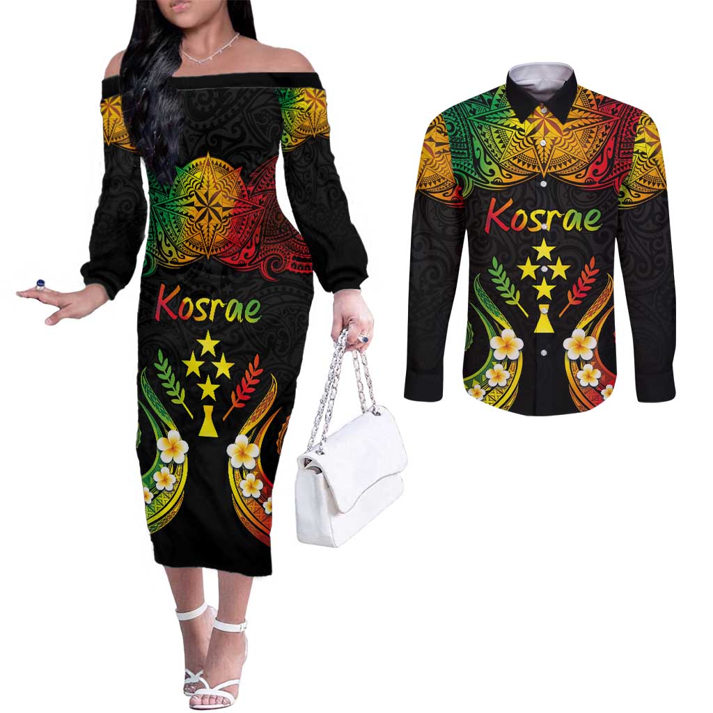 Personalised Kosrae Liberation Day Couples Matching Off The Shoulder Long Sleeve Dress and Long Sleeve Button Shirt Polynesian Tattoo and Plumeria Reggae Color