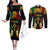 Personalised Kosrae Liberation Day Couples Matching Off The Shoulder Long Sleeve Dress and Long Sleeve Button Shirt Polynesian Tattoo and Plumeria Reggae Color