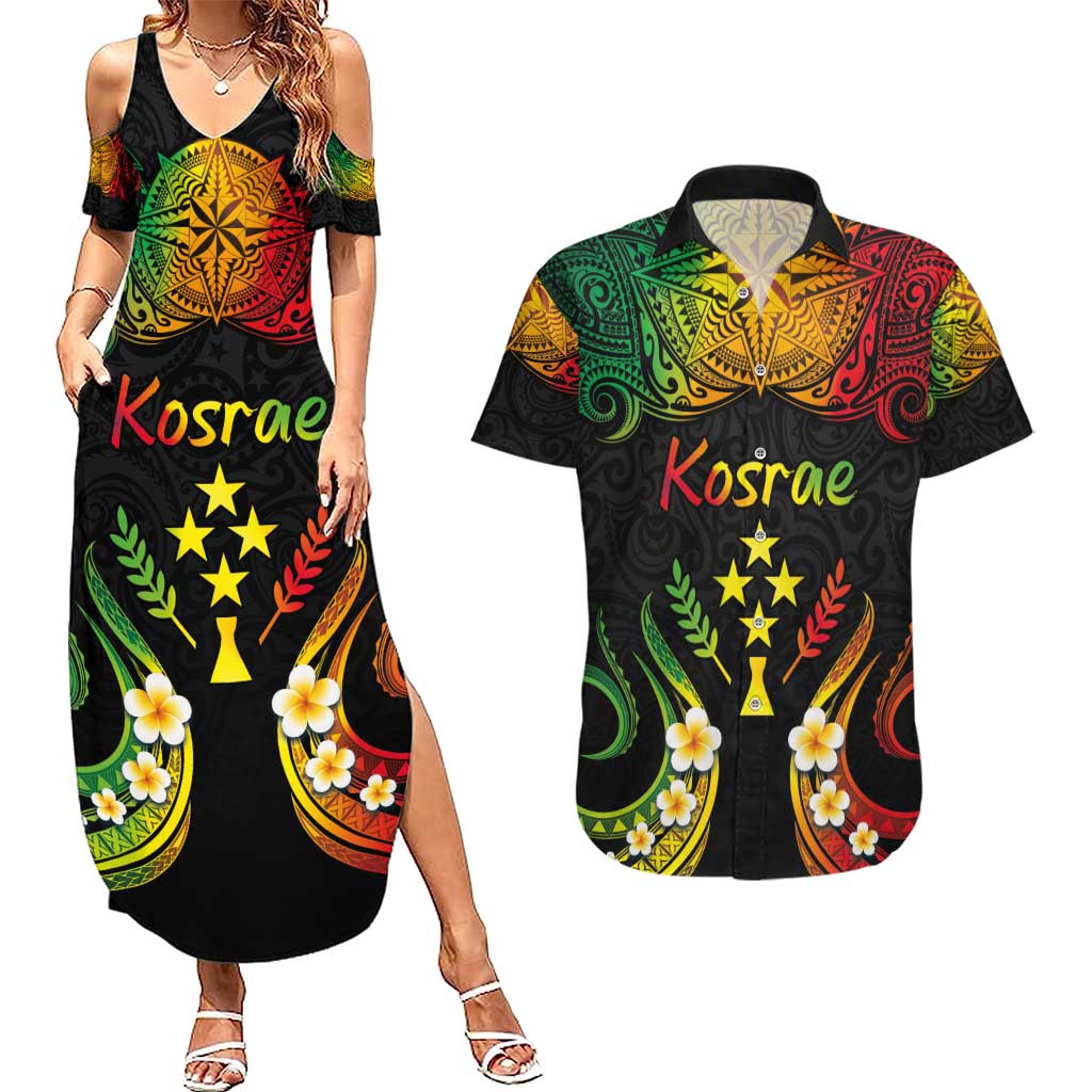 Personalised Kosrae Liberation Day Couples Matching Summer Maxi Dress and Hawaiian Shirt Polynesian Tattoo and Plumeria Reggae Color