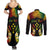 Personalised Kosrae Liberation Day Couples Matching Summer Maxi Dress and Long Sleeve Button Shirt Polynesian Tattoo and Plumeria Reggae Color