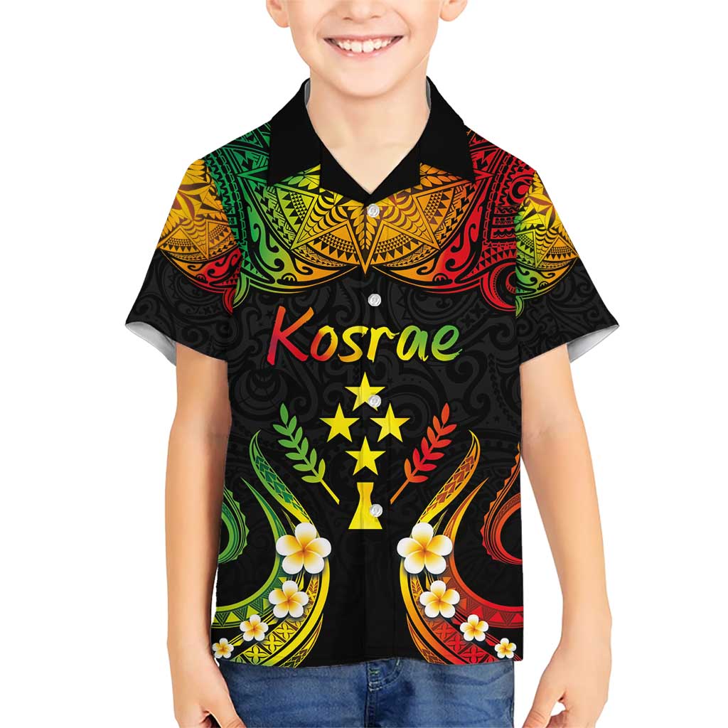 Personalised Kosrae Liberation Day Family Matching Short Sleeve Bodycon Dress and Hawaiian Shirt Polynesian Tattoo and Plumeria Reggae Color