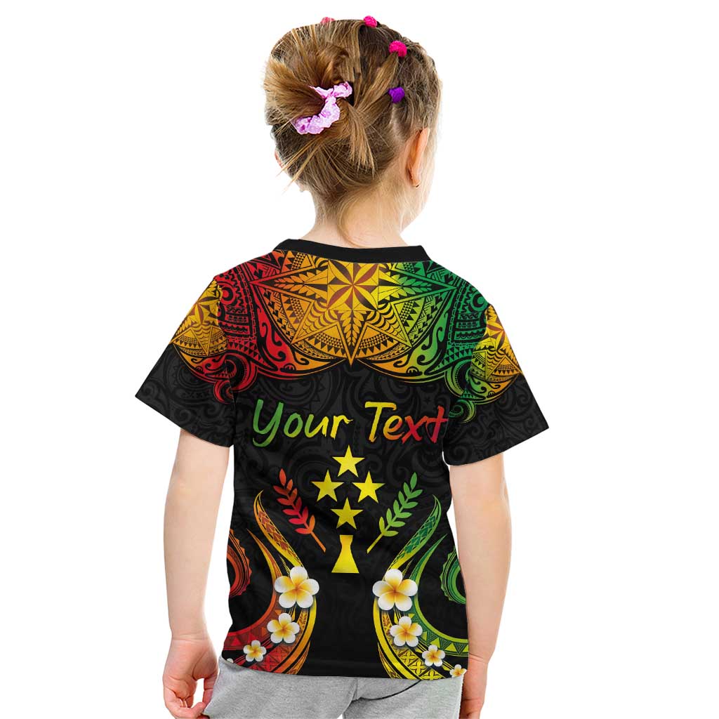 Personalised Kosrae Liberation Day Kid T Shirt Polynesian Tattoo and Plumeria Reggae Color