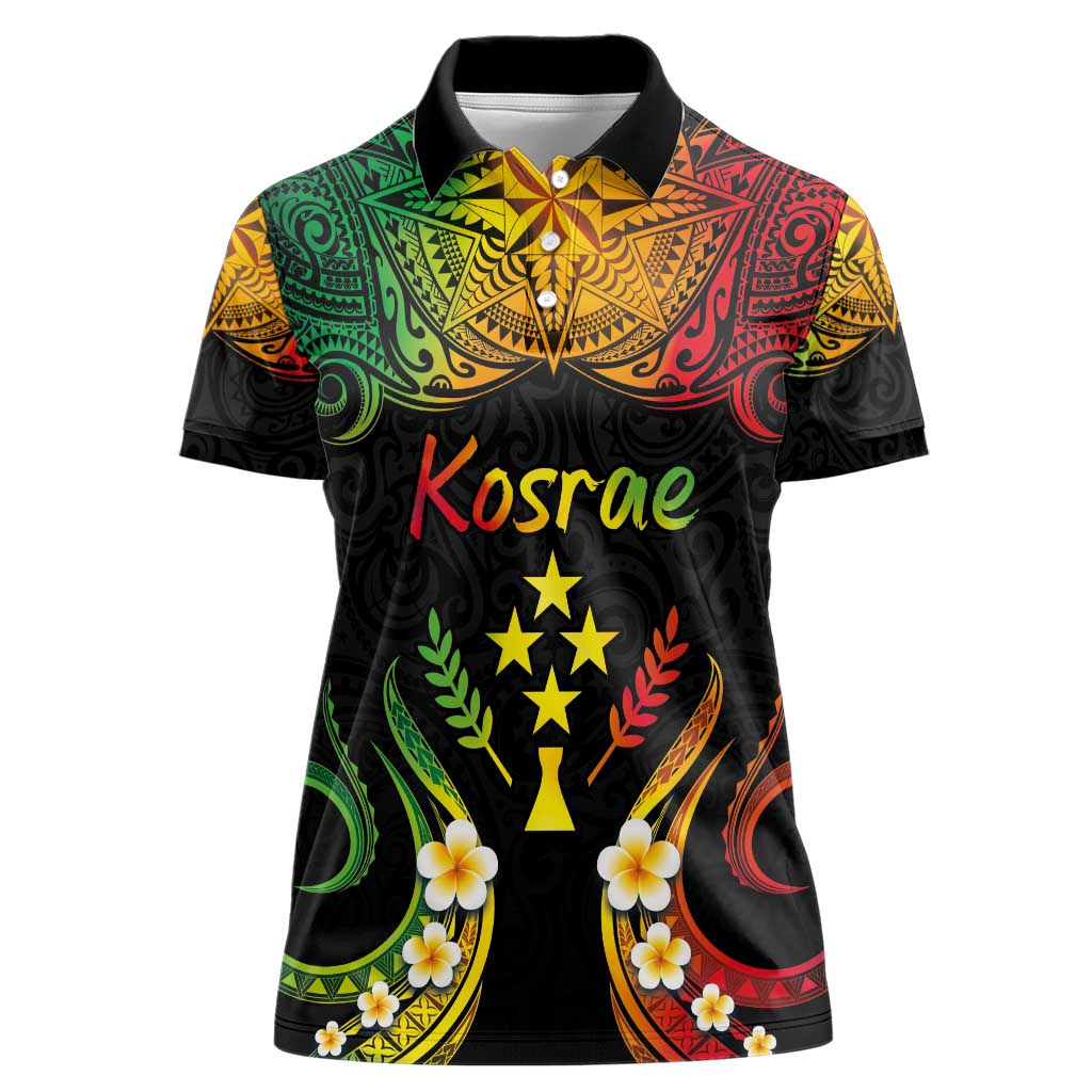 Personalised Kosrae Liberation Day Women Polo Shirt Polynesian Tattoo and Plumeria Reggae Color