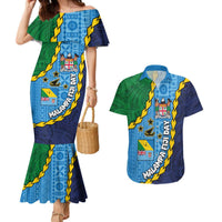 Malampa Fiji Day Couples Matching Mermaid Dress and Hawaiian Shirt National Symbols with Tapa Tribal and Polynesian Tattoo LT03 Blue - Polynesian Pride