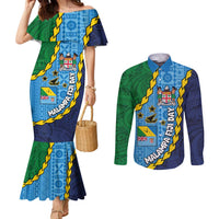 Malampa Fiji Day Couples Matching Mermaid Dress and Long Sleeve Button Shirt National Symbols with Tapa Tribal and Polynesian Tattoo LT03 Blue - Polynesian Pride
