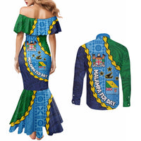 Malampa Fiji Day Couples Matching Mermaid Dress and Long Sleeve Button Shirt National Symbols with Tapa Tribal and Polynesian Tattoo LT03 - Polynesian Pride