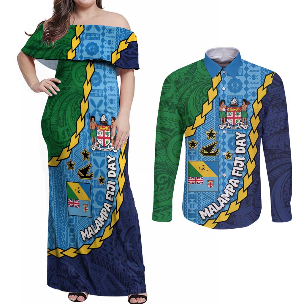 Malampa Fiji Day Couples Matching Off Shoulder Maxi Dress and Long Sleeve Button Shirt National Symbols with Tapa Tribal and Polynesian Tattoo LT03 Blue - Polynesian Pride