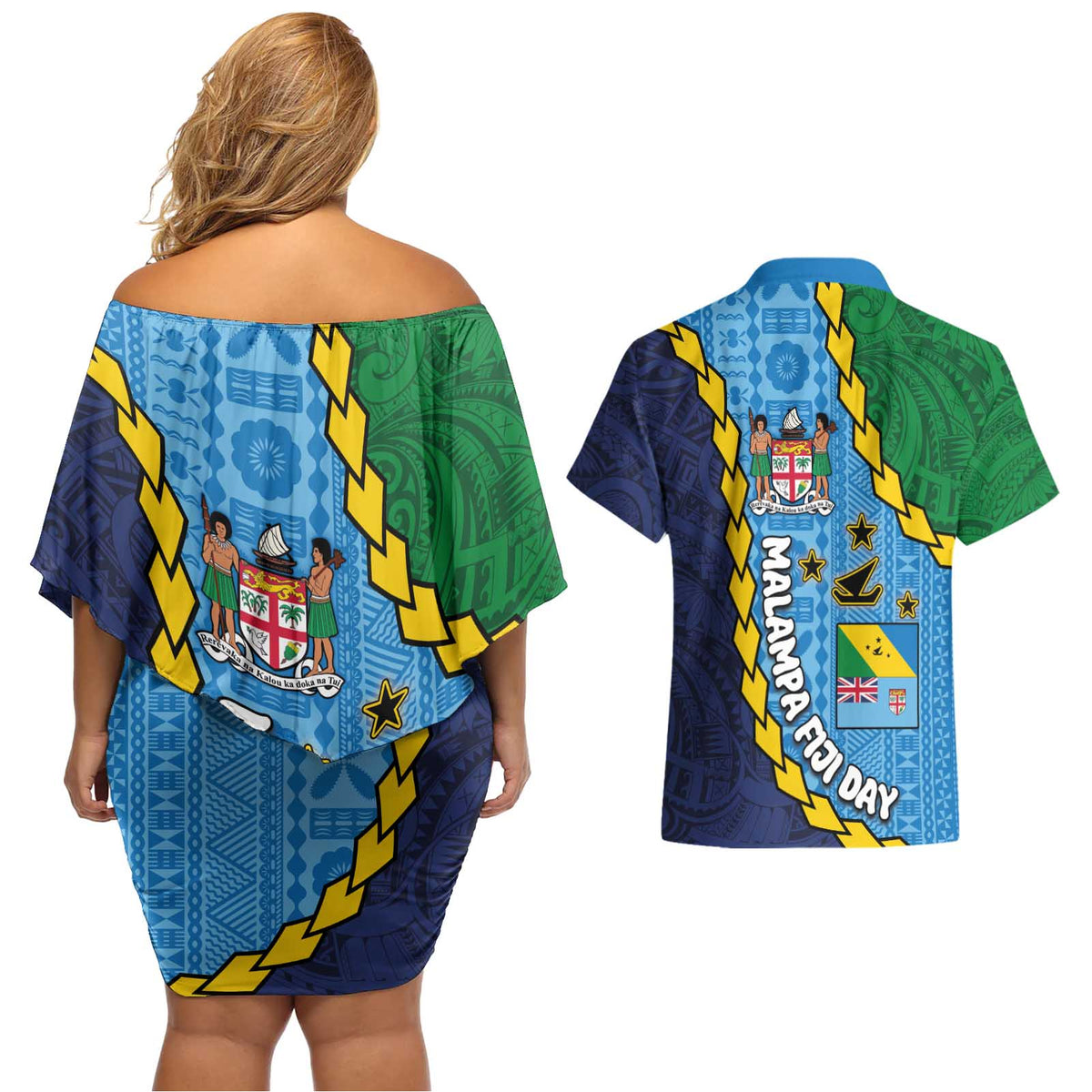 Malampa Fiji Day Couples Matching Off Shoulder Short Dress and Hawaiian Shirt National Symbols with Tapa Tribal and Polynesian Tattoo LT03 - Polynesian Pride