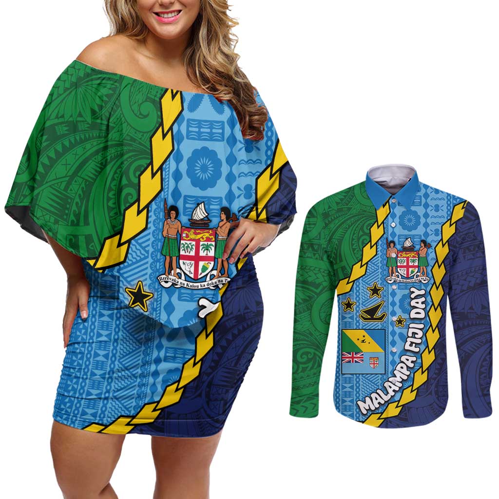 Malampa Fiji Day Couples Matching Off Shoulder Short Dress and Long Sleeve Button Shirt National Symbols with Tapa Tribal and Polynesian Tattoo LT03 Blue - Polynesian Pride