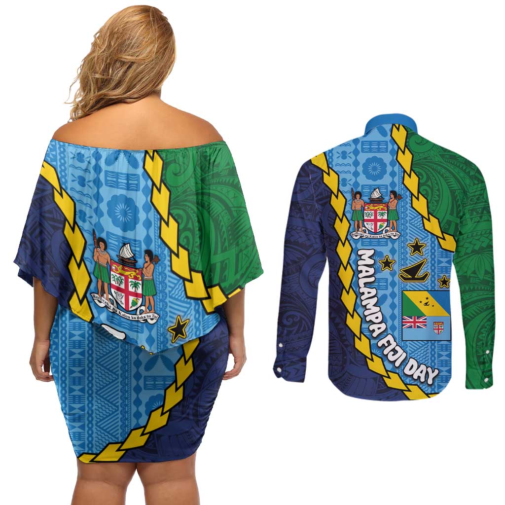 Malampa Fiji Day Couples Matching Off Shoulder Short Dress and Long Sleeve Button Shirt National Symbols with Tapa Tribal and Polynesian Tattoo LT03 - Polynesian Pride