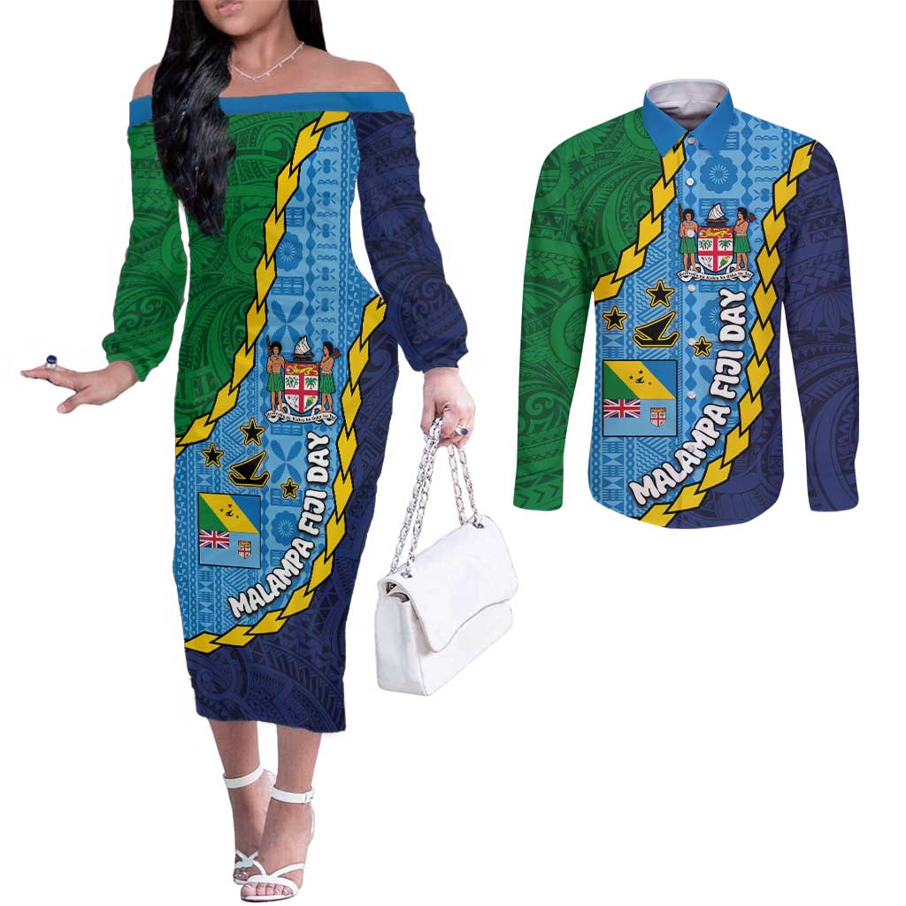 Malampa Fiji Day Couples Matching Off The Shoulder Long Sleeve Dress and Long Sleeve Button Shirt National Symbols with Tapa Tribal and Polynesian Tattoo LT03 Blue - Polynesian Pride