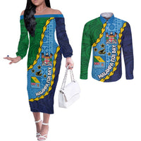 Malampa Fiji Day Couples Matching Off The Shoulder Long Sleeve Dress and Long Sleeve Button Shirt National Symbols with Tapa Tribal and Polynesian Tattoo LT03 Blue - Polynesian Pride