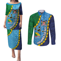 Malampa Fiji Day Couples Matching Puletasi and Long Sleeve Button Shirt National Symbols with Tapa Tribal and Polynesian Tattoo LT03 Blue - Polynesian Pride