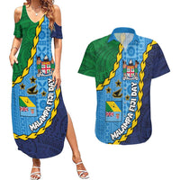Malampa Fiji Day Couples Matching Summer Maxi Dress and Hawaiian Shirt National Symbols with Tapa Tribal and Polynesian Tattoo LT03 Blue - Polynesian Pride