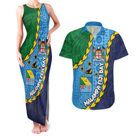 Malampa Fiji Day Couples Matching Tank Maxi Dress and Hawaiian Shirt National Symbols with Tapa Tribal and Polynesian Tattoo LT03 Blue - Polynesian Pride