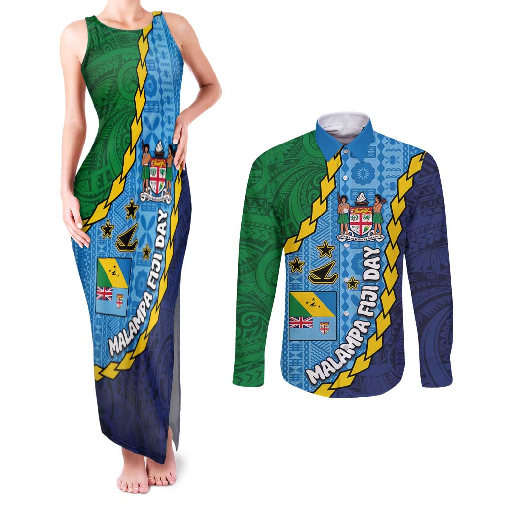 Malampa Fiji Day Couples Matching Tank Maxi Dress and Long Sleeve Button Shirt National Symbols with Tapa Tribal and Polynesian Tattoo LT03 Blue - Polynesian Pride