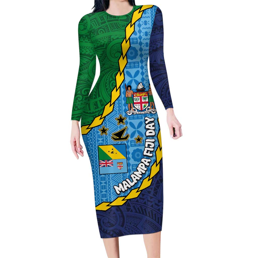 Malampa Fiji Day Family Matching Long Sleeve Bodycon Dress and Hawaiian Shirt National Symbols with Tapa Tribal and Polynesian Tattoo LT03 Mom's Dress Blue - Polynesian Pride