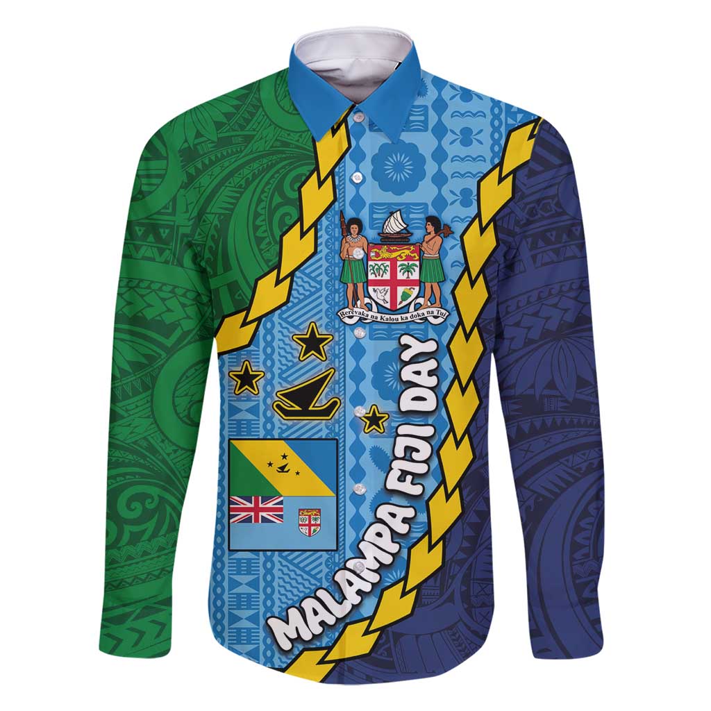 Malampa Fiji Day Family Matching Mermaid Dress and Hawaiian Shirt National Symbols with Tapa Tribal and Polynesian Tattoo LT03 Dad's Shirt - Long Sleeve Blue - Polynesian Pride