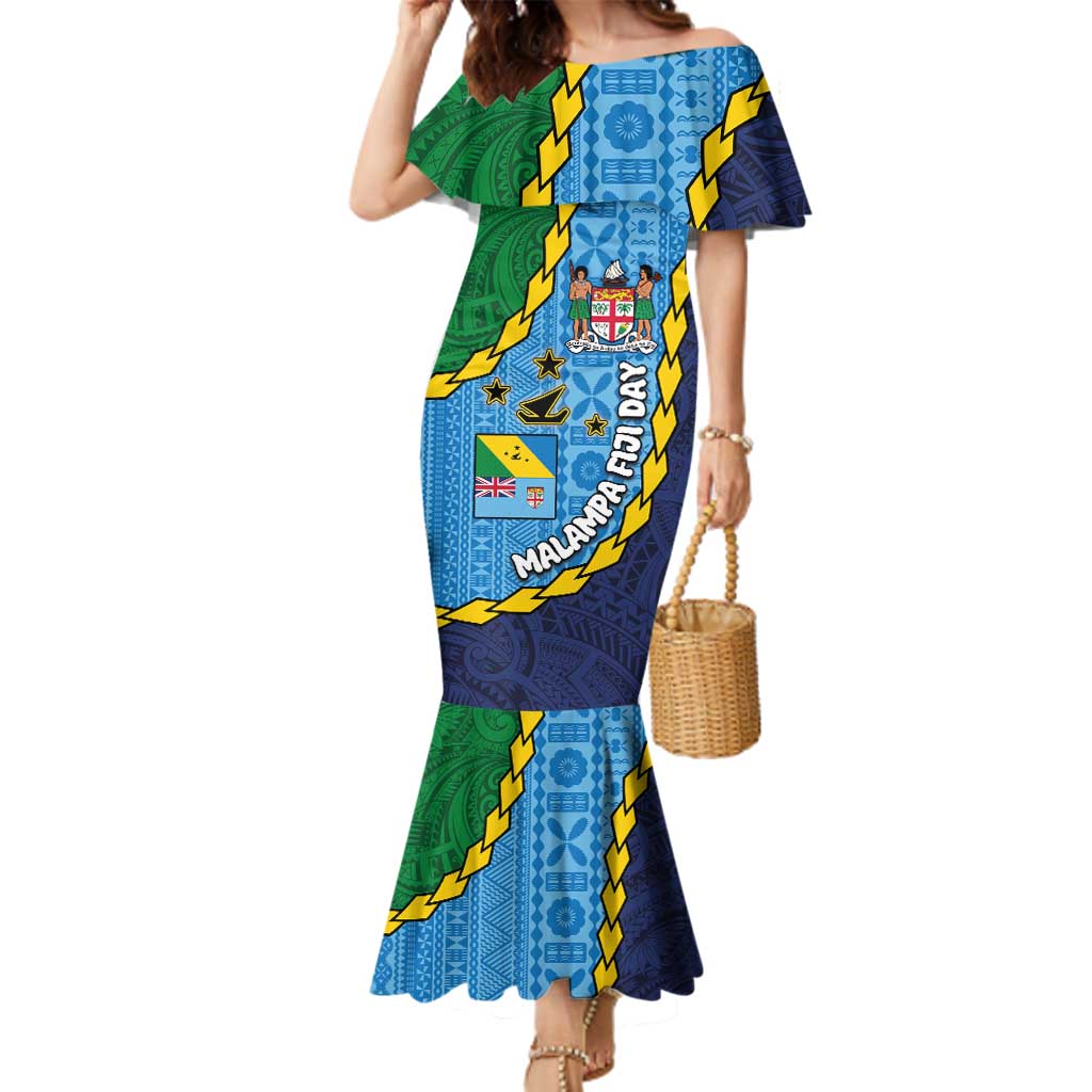 Malampa Fiji Day Family Matching Mermaid Dress and Hawaiian Shirt National Symbols with Tapa Tribal and Polynesian Tattoo LT03 Mom's Dress Blue - Polynesian Pride