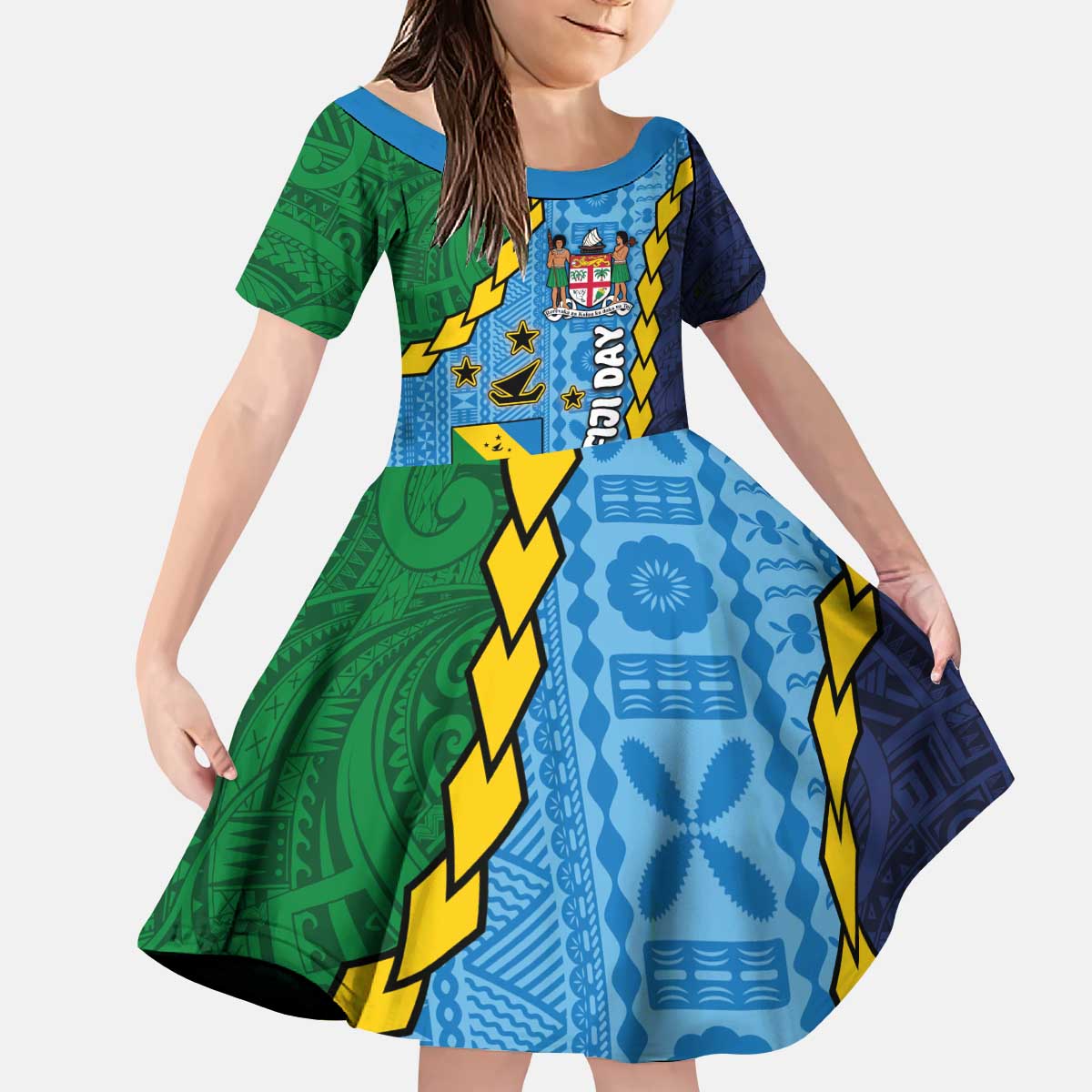 Malampa Fiji Day Family Matching Puletasi and Hawaiian Shirt National Symbols with Tapa Tribal and Polynesian Tattoo LT03 Daughter's Dress Blue - Polynesian Pride