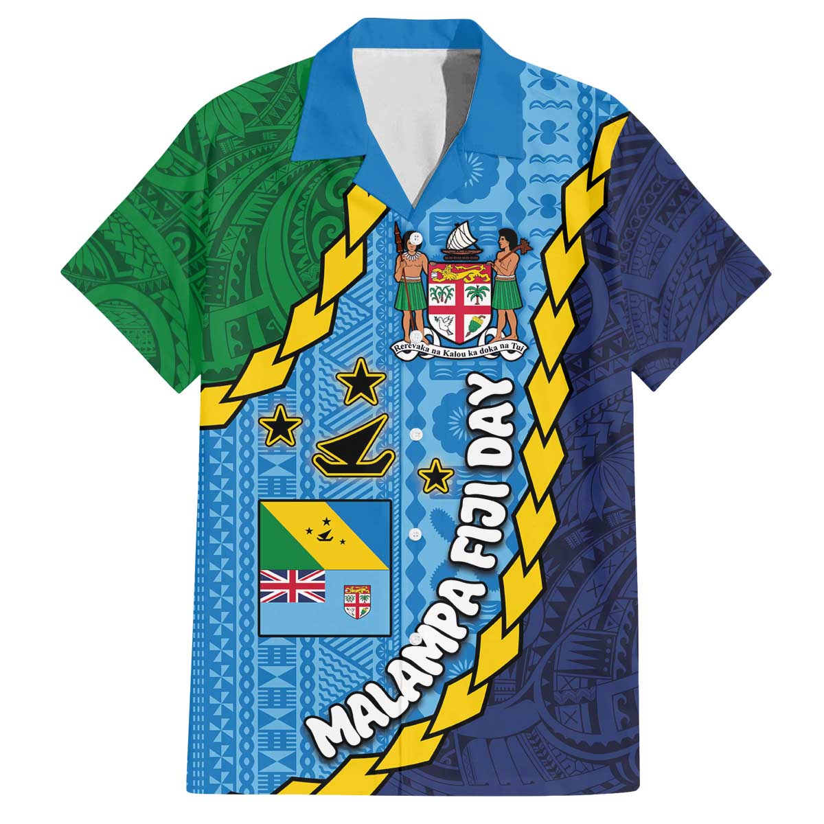 Malampa Fiji Day Family Matching Puletasi and Hawaiian Shirt National Symbols with Tapa Tribal and Polynesian Tattoo LT03 Dad's Shirt - Short Sleeve Blue - Polynesian Pride