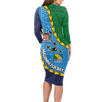 Malampa Fiji Day Long Sleeve Bodycon Dress National Symbols with Tapa Tribal and Polynesian Tattoo LT03 - Polynesian Pride