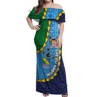 Malampa Fiji Day Off Shoulder Maxi Dress National Symbols with Tapa Tribal and Polynesian Tattoo LT03 Women Blue - Polynesian Pride