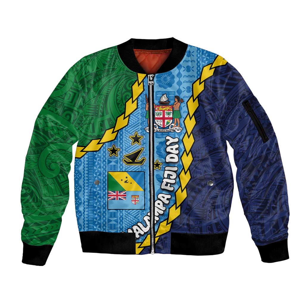 Malampa Fiji Day Sleeve Zip Bomber Jacket National Symbols with Tapa Tribal and Polynesian Tattoo LT03 Unisex Blue - Polynesian Pride