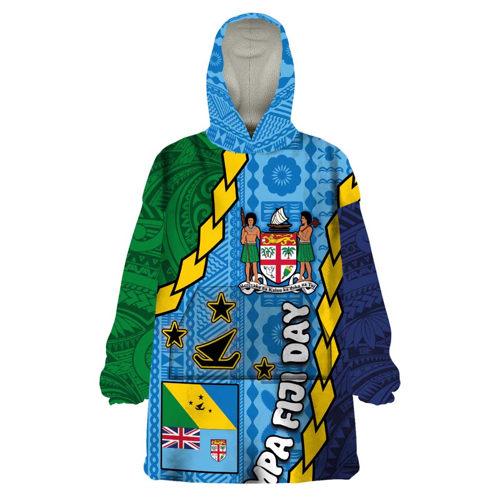 Malampa Fiji Day Wearable Blanket Hoodie National Symbols with Tapa Tribal and Polynesian Tattoo