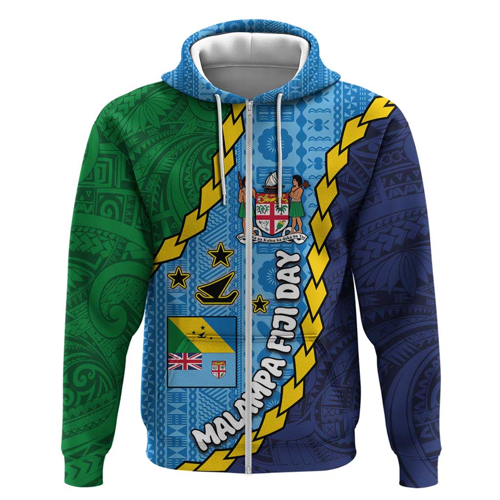Malampa Fiji Day Zip Hoodie National Symbols with Tapa Tribal and Polynesian Tattoo LT03 Zip Hoodie Blue - Polynesian Pride