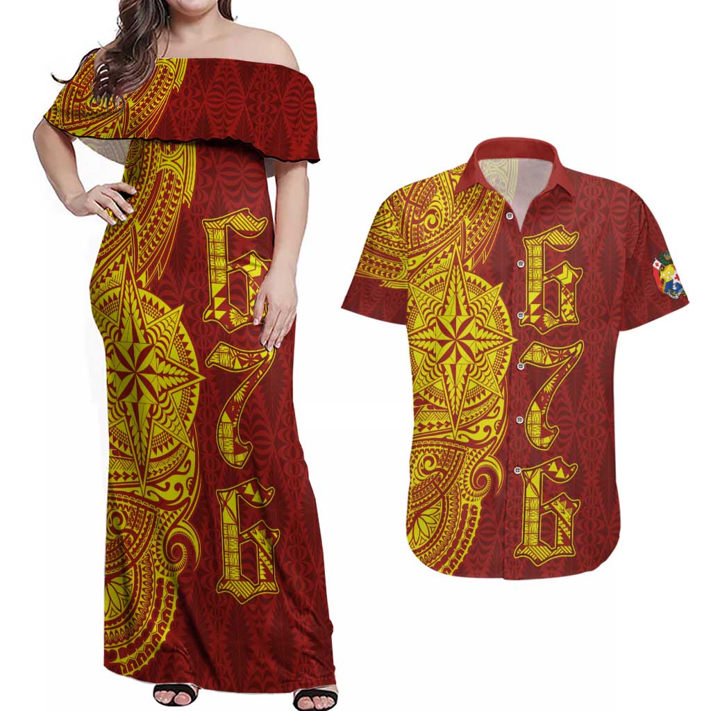 Tonga 676 Ngatu Tribal Tattoo Couples Matching Off Shoulder Maxi Dress and Hawaiian Shirt