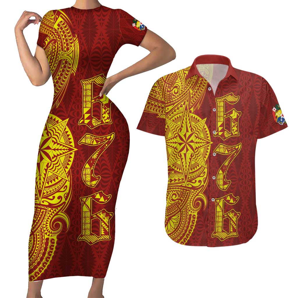 Tonga 676 Ngatu Tribal Tattoo Couples Matching Short Sleeve Bodycon Dress and Hawaiian Shirt