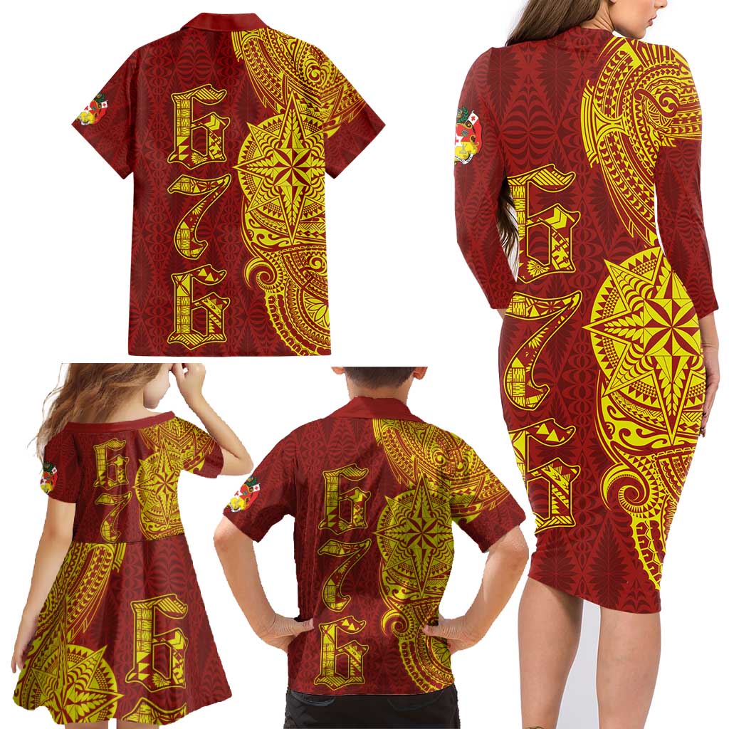 Tonga 676 Ngatu Tribal Tattoo Family Matching Long Sleeve Bodycon Dress and Hawaiian Shirt LT03 - Polynesian Pride