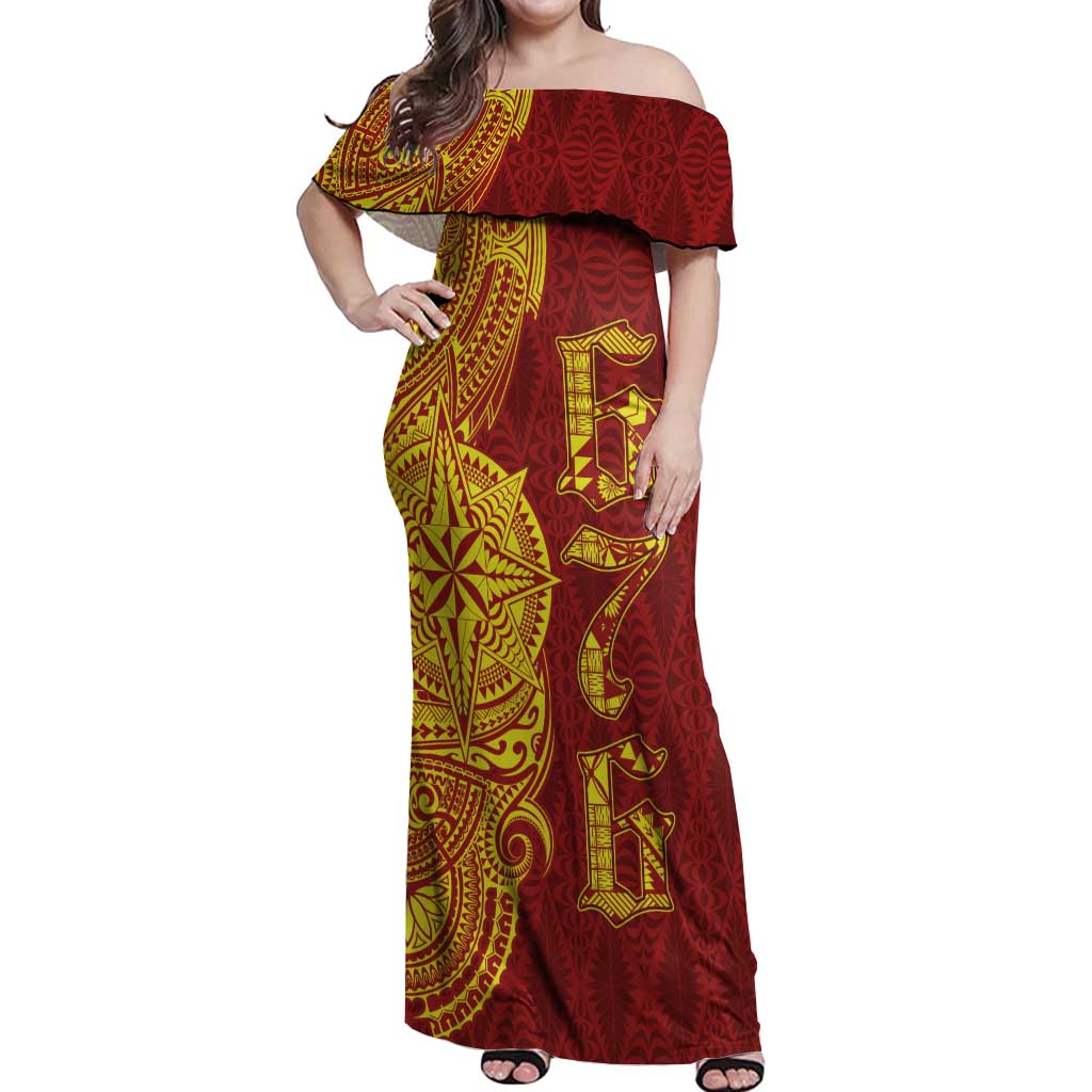 Tonga 676 Ngatu Tribal Tattoo Off Shoulder Maxi Dress