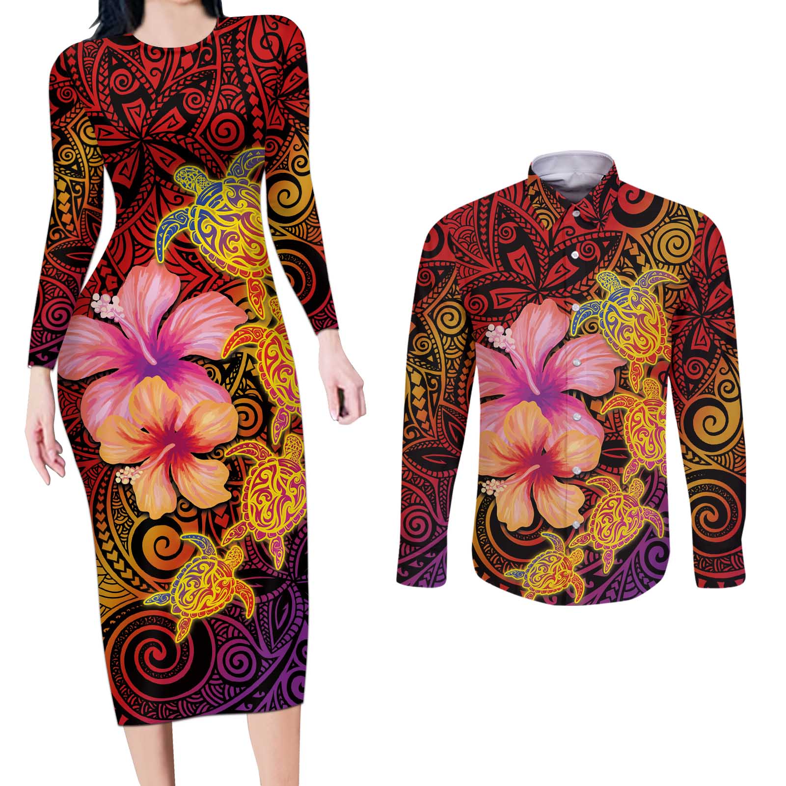 Hawaiian Hibiscus Turtle Tribal Polynesian Pattern Couples Matching Long Sleeve Bodycon Dress and Long Sleeve Button Shirt Colorful Color