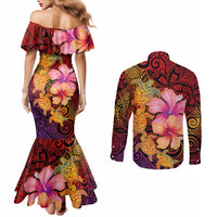 Hawaiian Hibiscus Turtle Tribal Polynesian Pattern Couples Matching Mermaid Dress and Long Sleeve Button Shirt Colorful Color