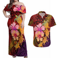 Hawaiian Hibiscus Turtle Tribal Polynesian Pattern Couples Matching Off Shoulder Maxi Dress and Hawaiian Shirt Colorful Color