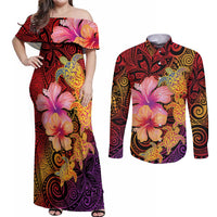 Hawaiian Hibiscus Turtle Tribal Polynesian Pattern Couples Matching Off Shoulder Maxi Dress and Long Sleeve Button Shirt Colorful Color