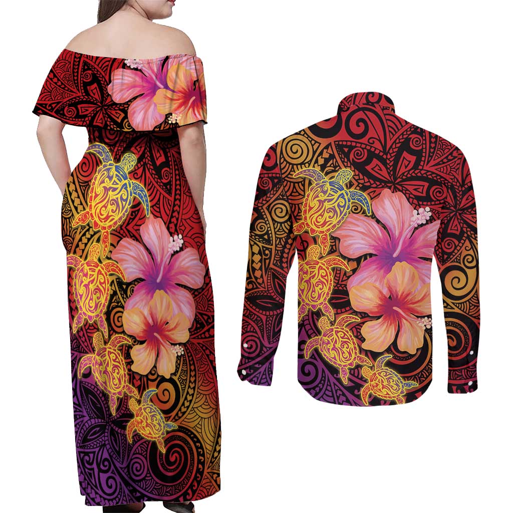 Hawaiian Hibiscus Turtle Tribal Polynesian Pattern Couples Matching Off Shoulder Maxi Dress and Long Sleeve Button Shirt Colorful Color