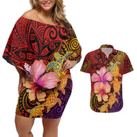 Hawaiian Hibiscus Turtle Tribal Polynesian Pattern Couples Matching Off Shoulder Short Dress and Hawaiian Shirt Colorful Color