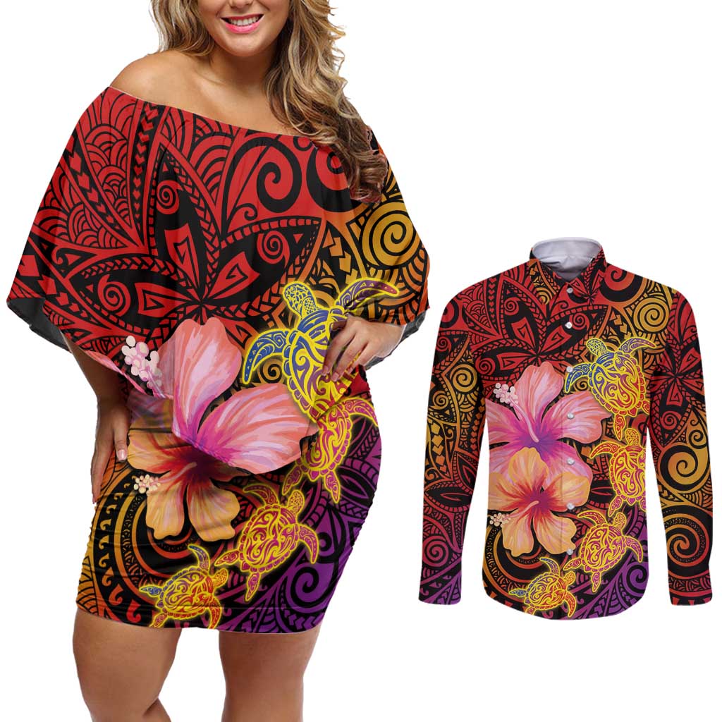 Hawaiian Hibiscus Turtle Tribal Polynesian Pattern Couples Matching Off Shoulder Short Dress and Long Sleeve Button Shirt Colorful Color